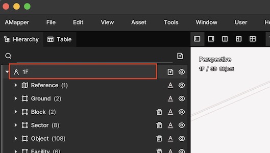 AMapper에서의 Stage 이름. 1F로 설정 되어 있다.
